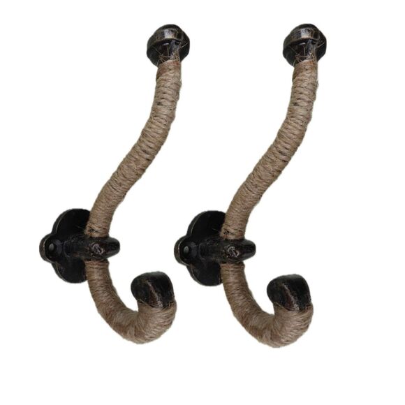 Oil Rubbed Bronze Jute Wrapped Rope Rustic Nautical Cast Iron Wall Hook Set - Picture 1 of 6